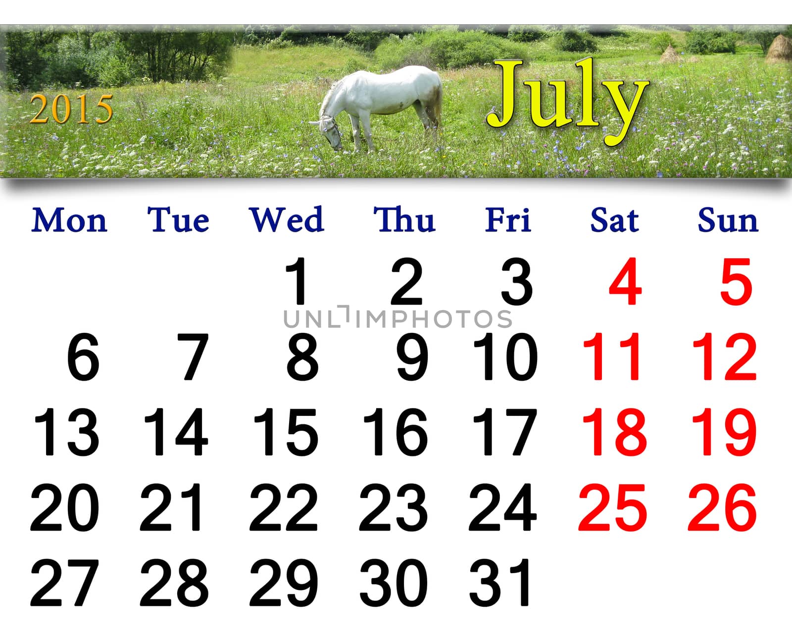calendar for the July of 2014 on the background of summer landscape