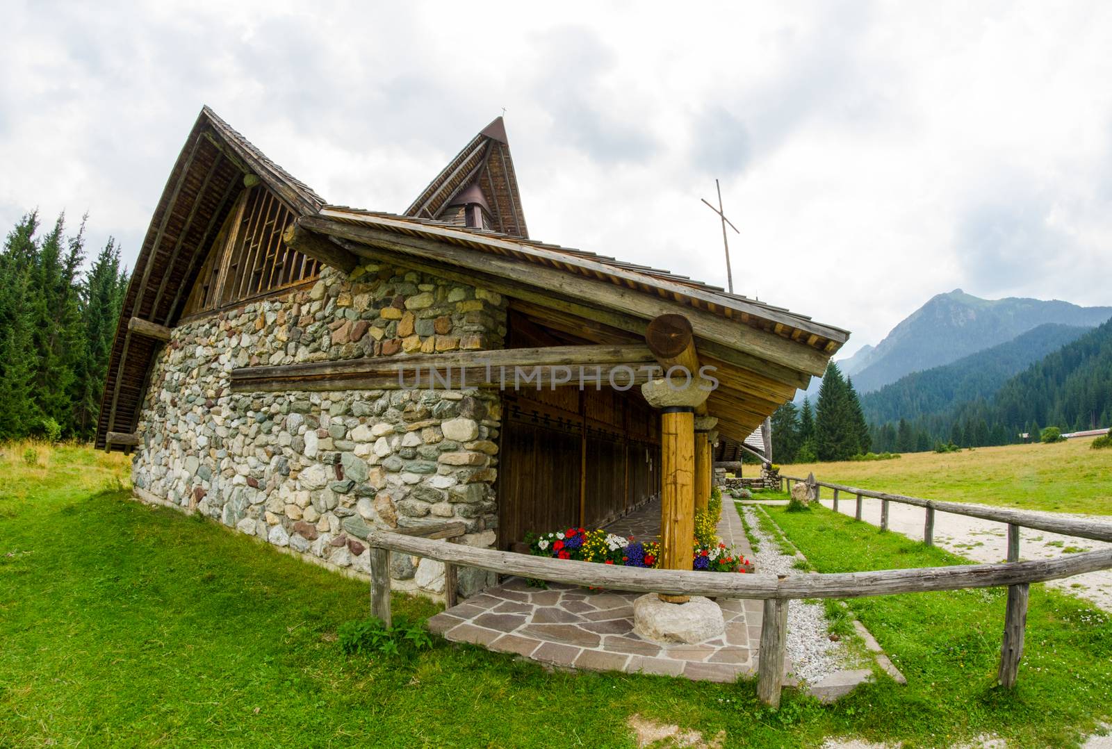 Small mountain church on Dolomites, Italy.