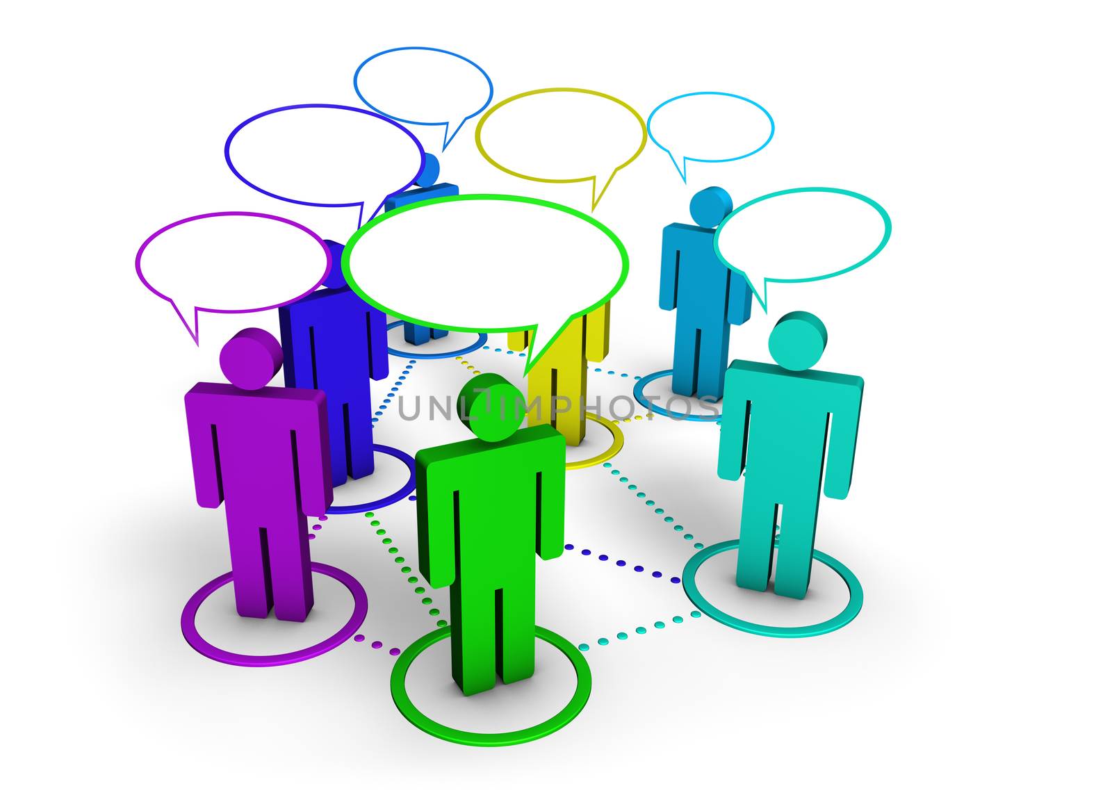 Social network, forum, Internet community and online group concept with connection of 3d people by dotted lines with speech clouds on white background.