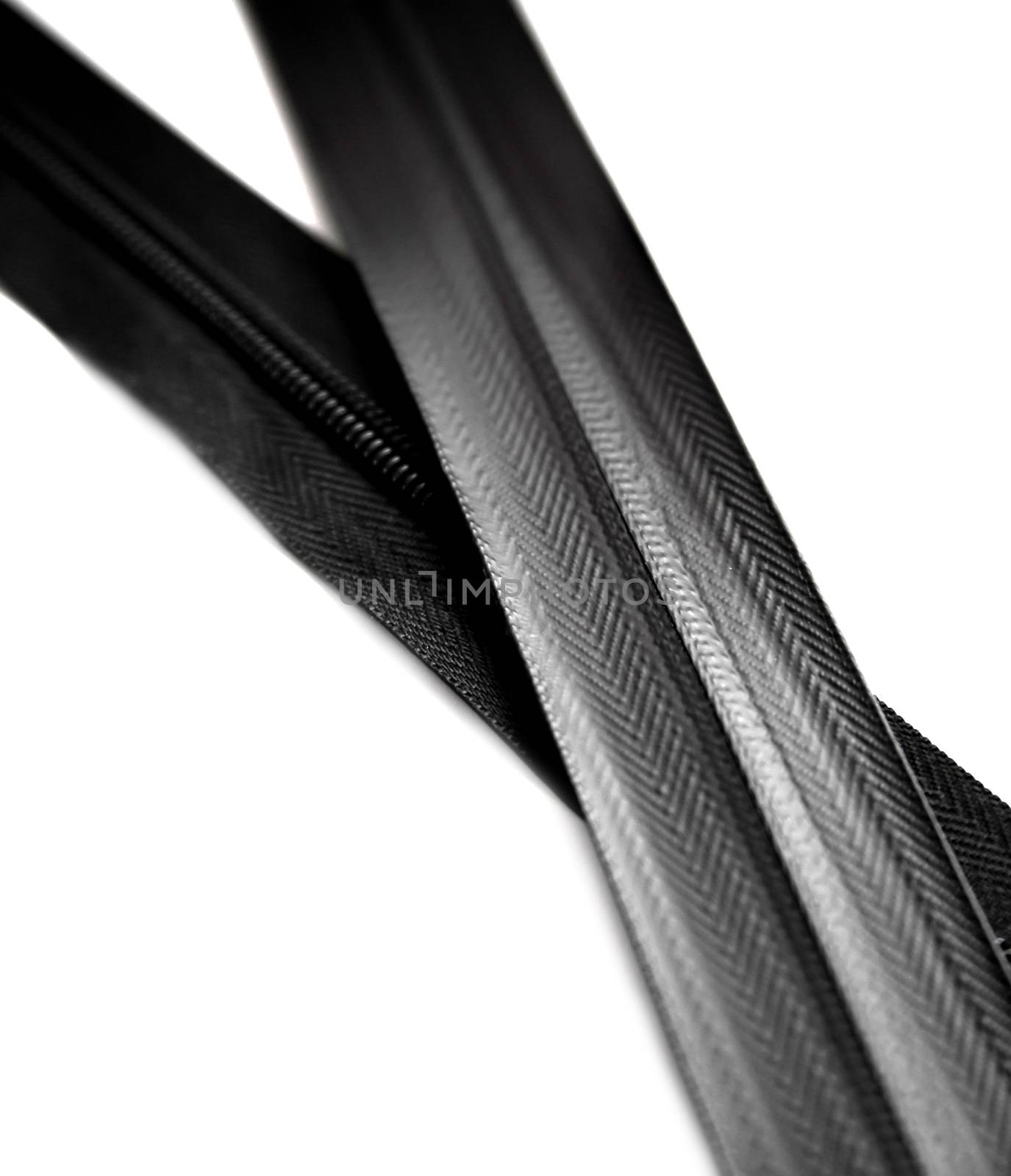 Black waterproof zipper closeup isolated on white background