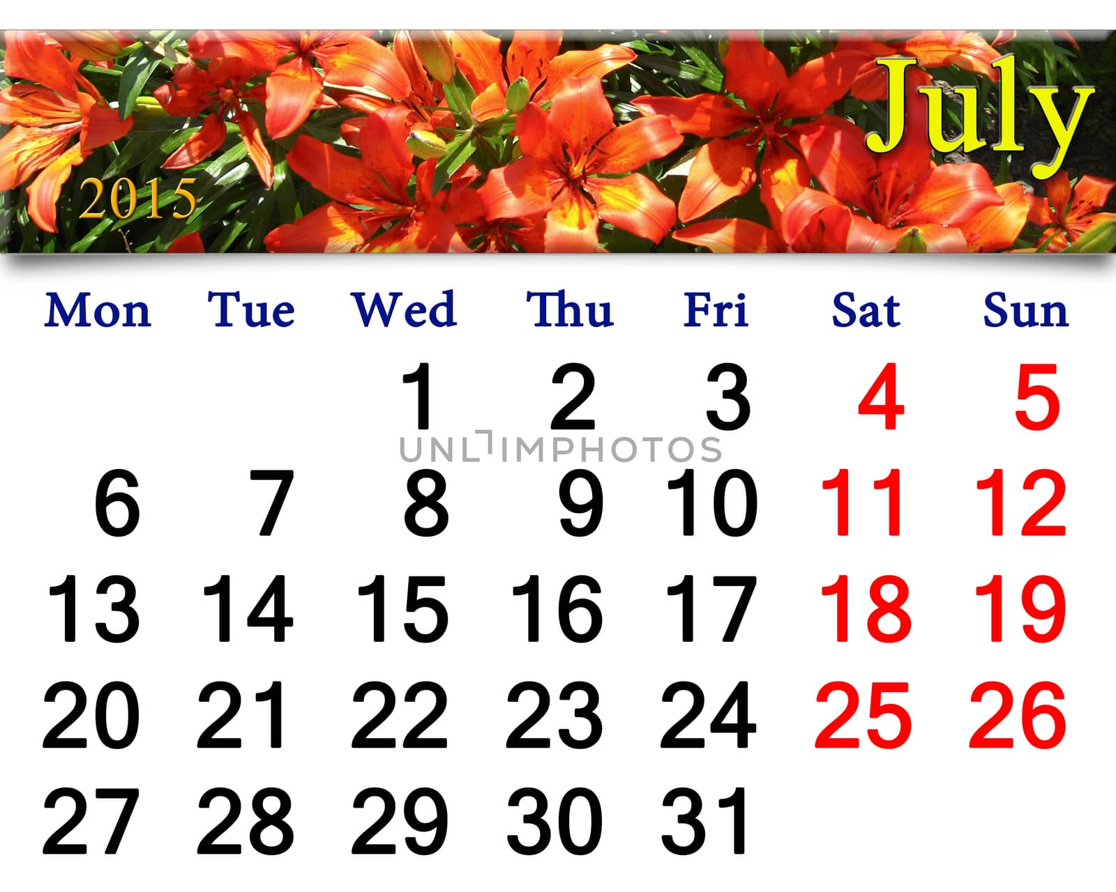 calendar for July of 2015 on the red lilies by alexmak