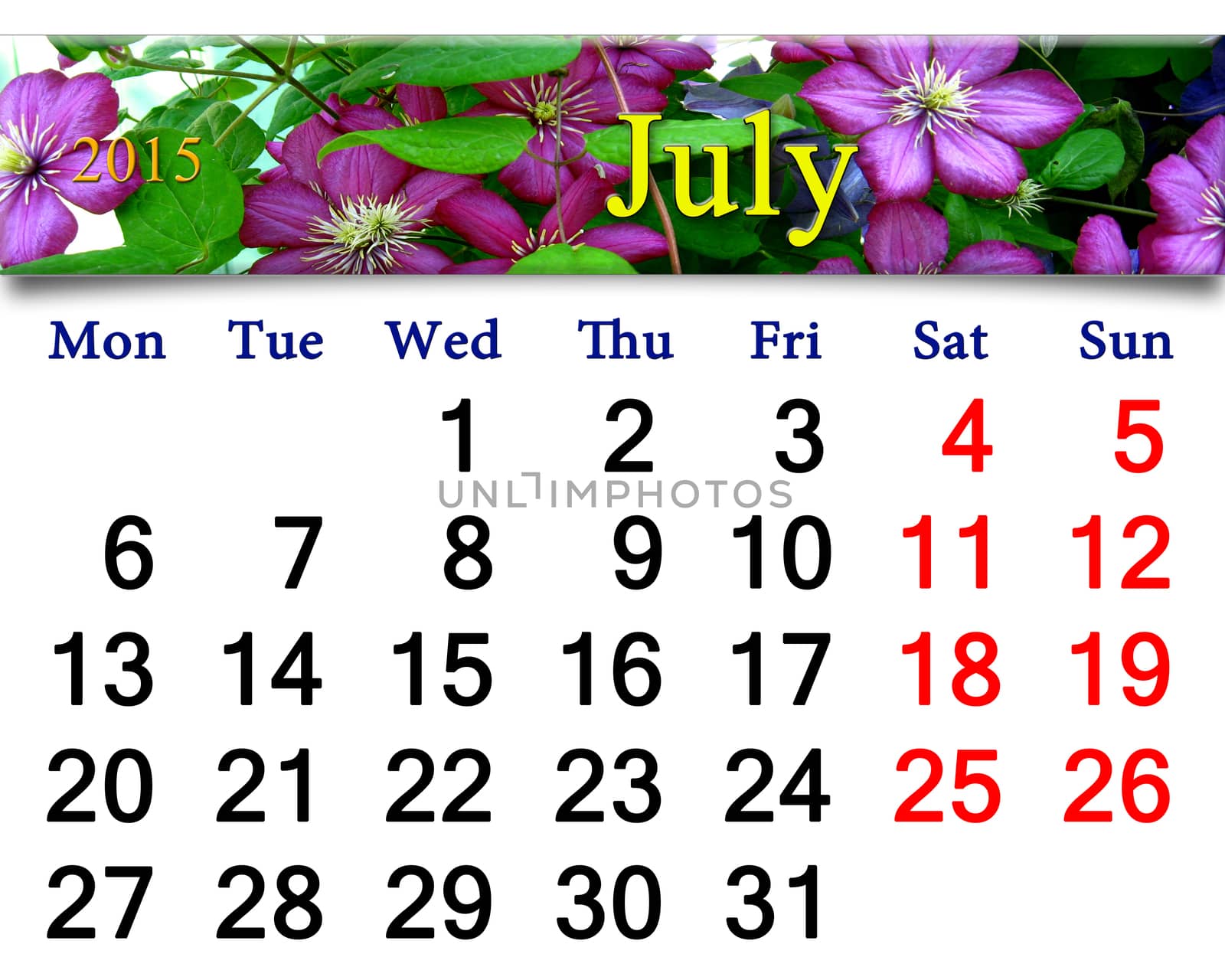 calendar for July of 2015 year with ribbon of blue clematis