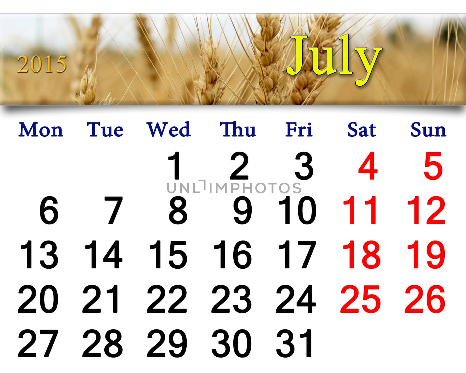 calendar for the July of 2014 with ribbon of field of wheat