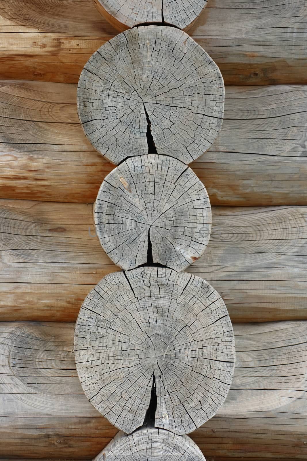 Several weathered, rounded interlocking logs