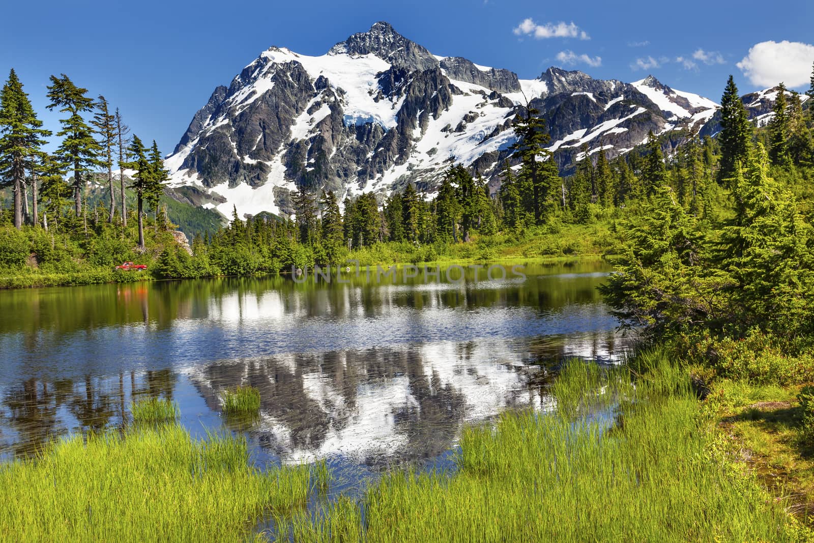 Picture Lake Evergreens Mount Shuksan Mount Baker Highway Snow Mountain Trees Washington Pacific Northwest USA

