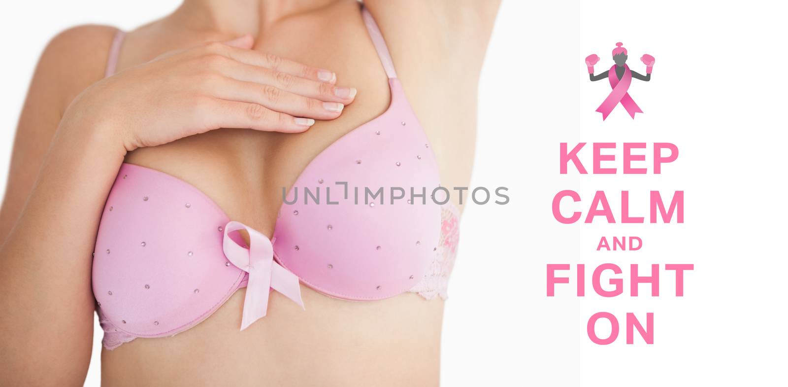 Woman in bra with breast cancer awareness ribbon against breast cancer awareness message