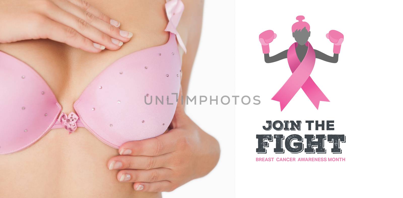 Closeup of woman performing self breast examination against breast cancer awareness message