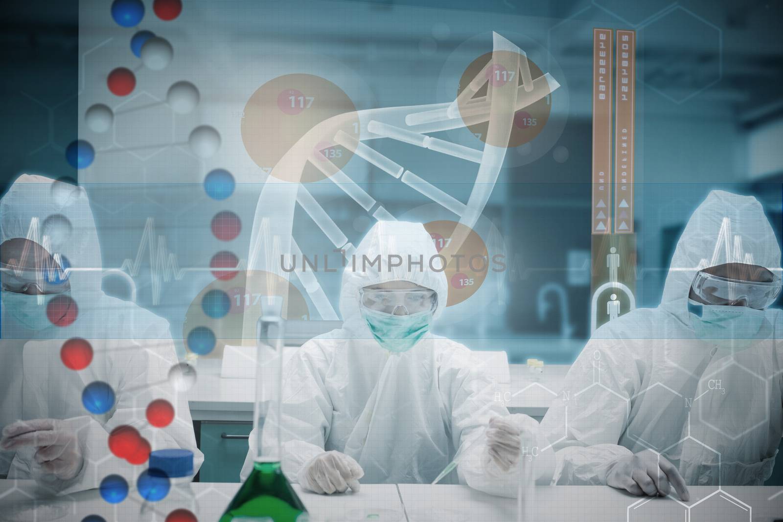 Composite image of scientists working in the lab with futuristic interface  by Wavebreakmedia