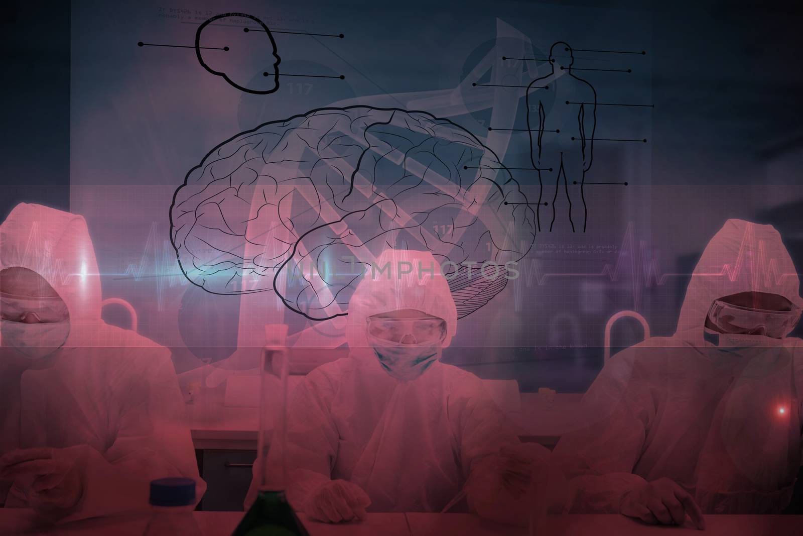 Composite image of chemists working in protective suit with futuristic interface showing dna by Wavebreakmedia