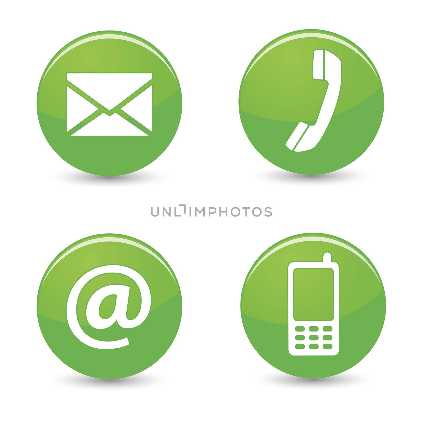 Website and Internet contact us page concept with green glossy buttons and icons isolated on white background.