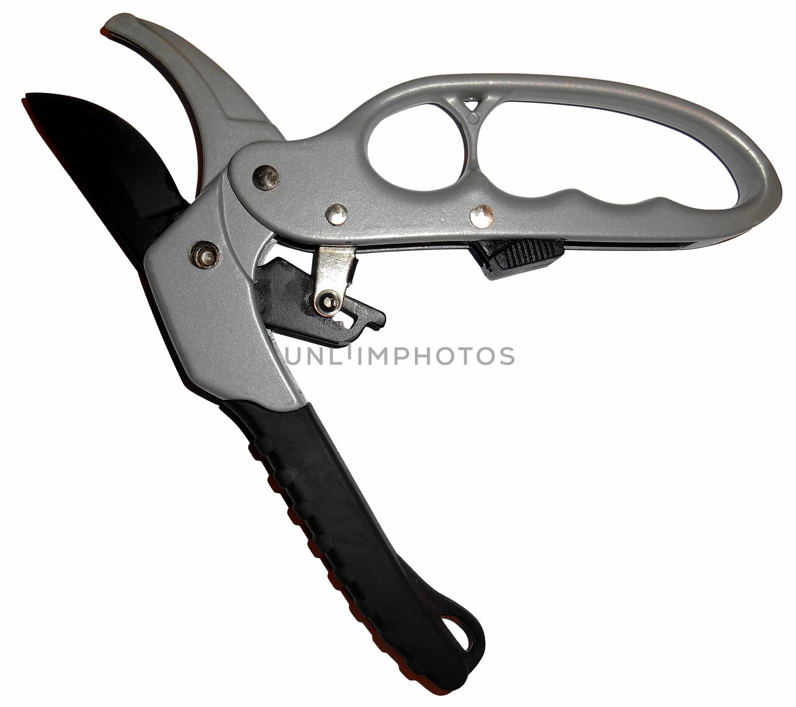 Metallic secateurs, isolated on white. 

Picture taken on November 21, 2014.