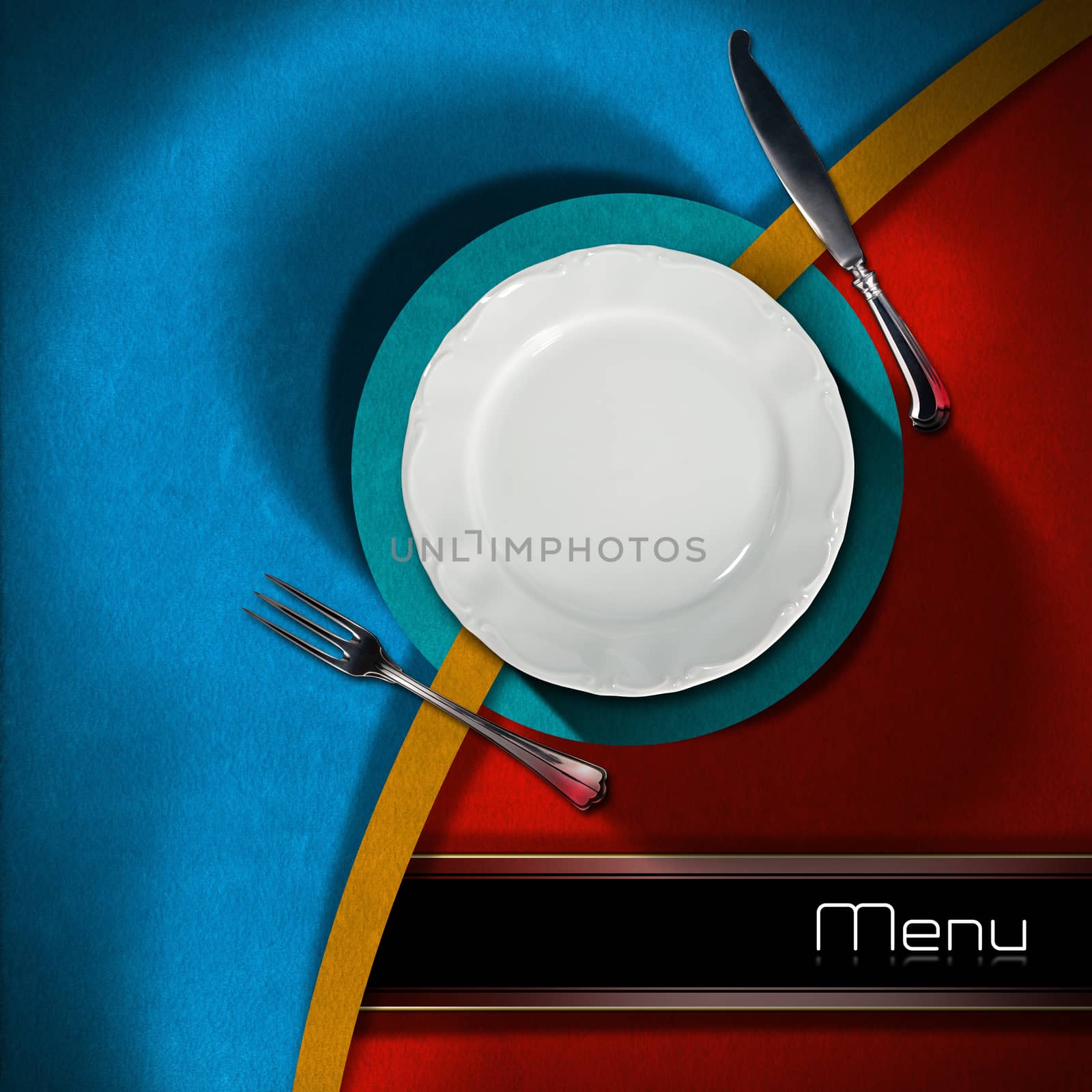 Restaurant menu with empty plate and cutlery, on red, blue and orange velvet background with black horizontal band with written menu