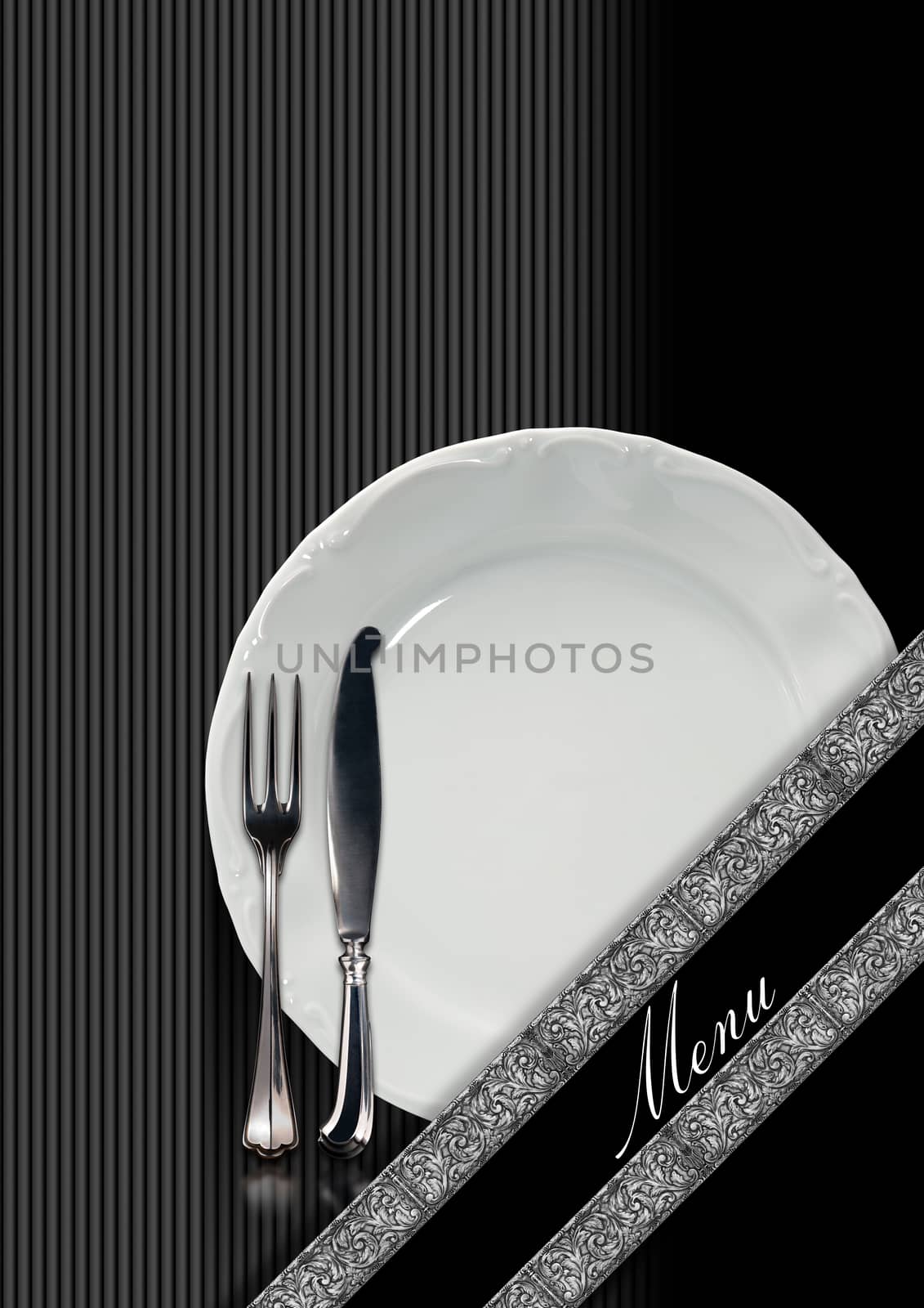 Restaurant menu with empty plate and cutlery, fork and knife, on a black and gray background with diagonal silver bands and written menu