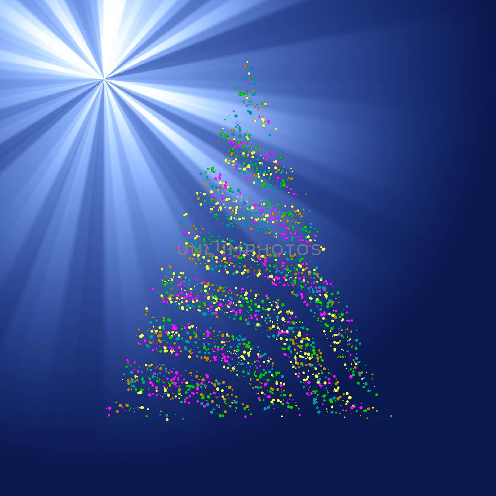 Christmas bokeh tree on blue light ray background