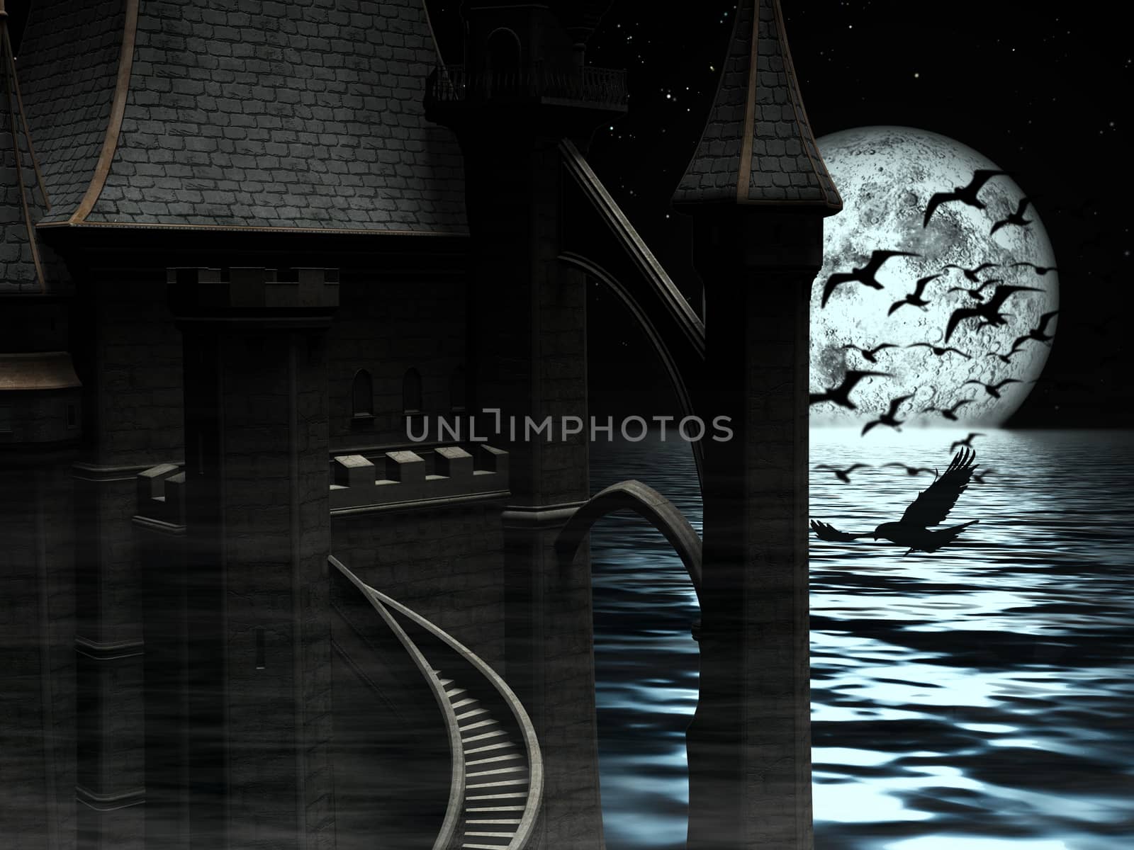 Dark Mysterious Castle at Moon background with Black Birds by ankarb