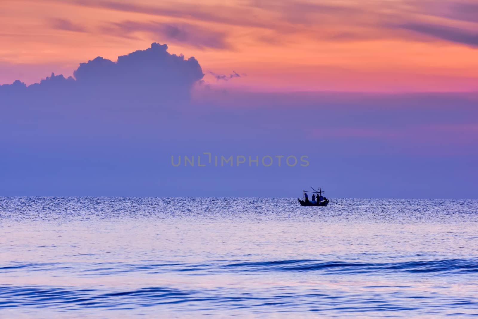 small fishing boat in the sea at Hua Hin Thailand in the morning