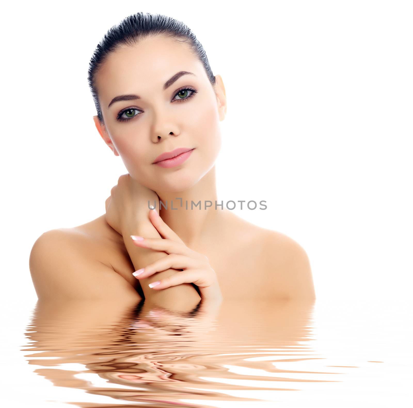 Beautiful female with clean fresh skin, white background