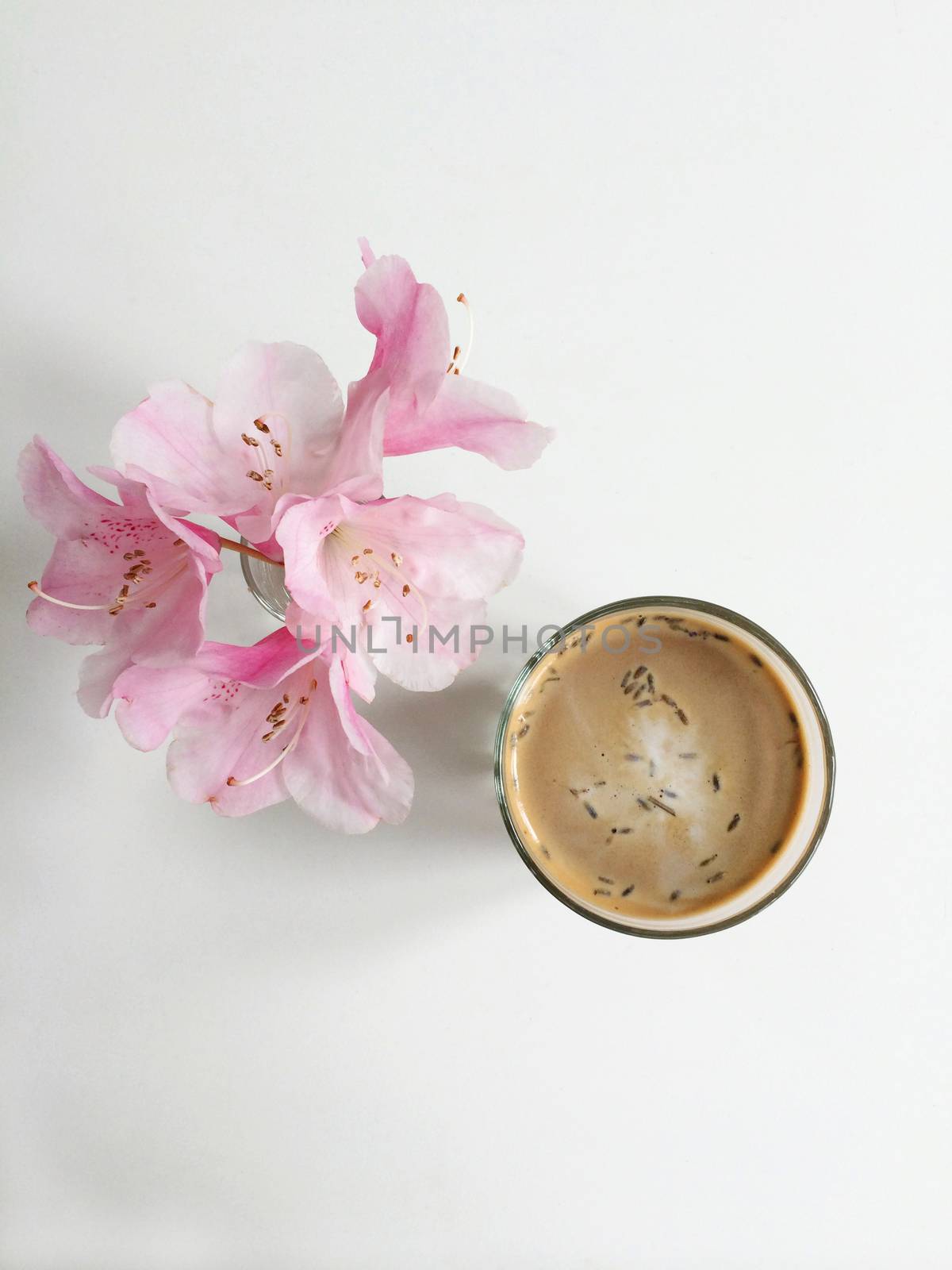 Lavender latte next to a bouquet of pink flowers