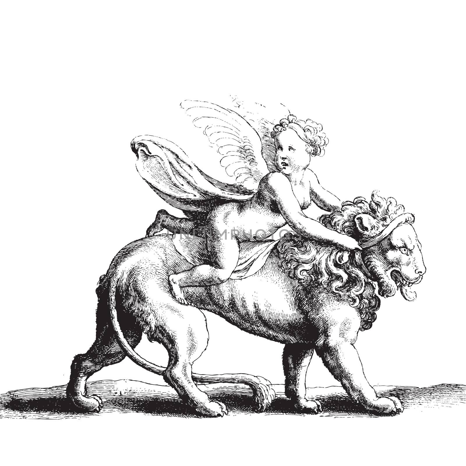 Ancient style engraving with Cupid on a lion
