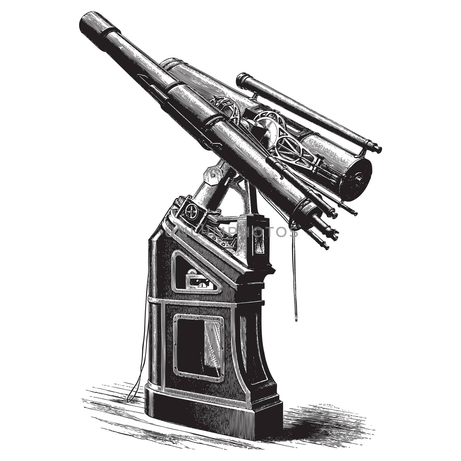 Ancient style engraving of a large equatorial telescope