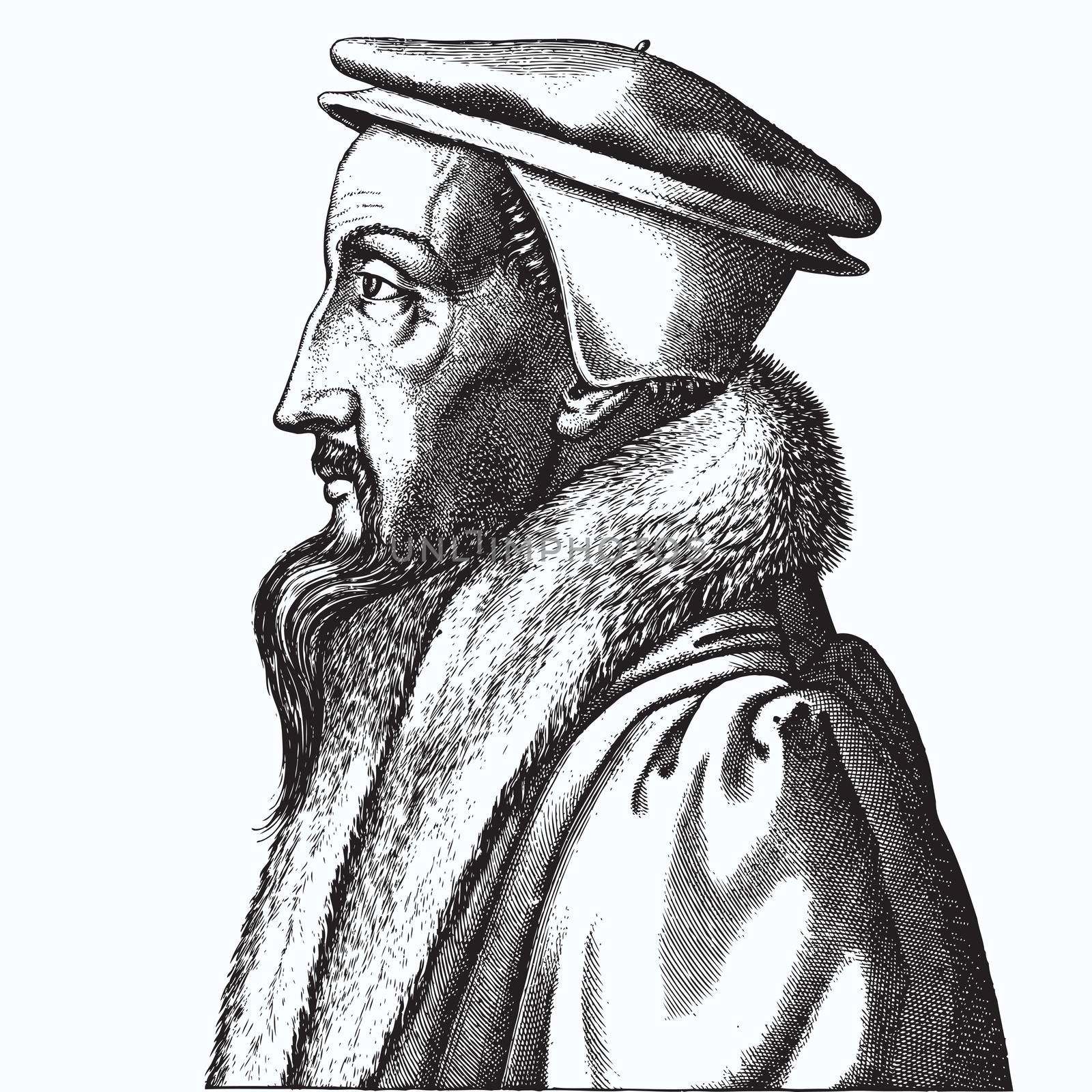 Ancient style engraving portrait of John Calvin
