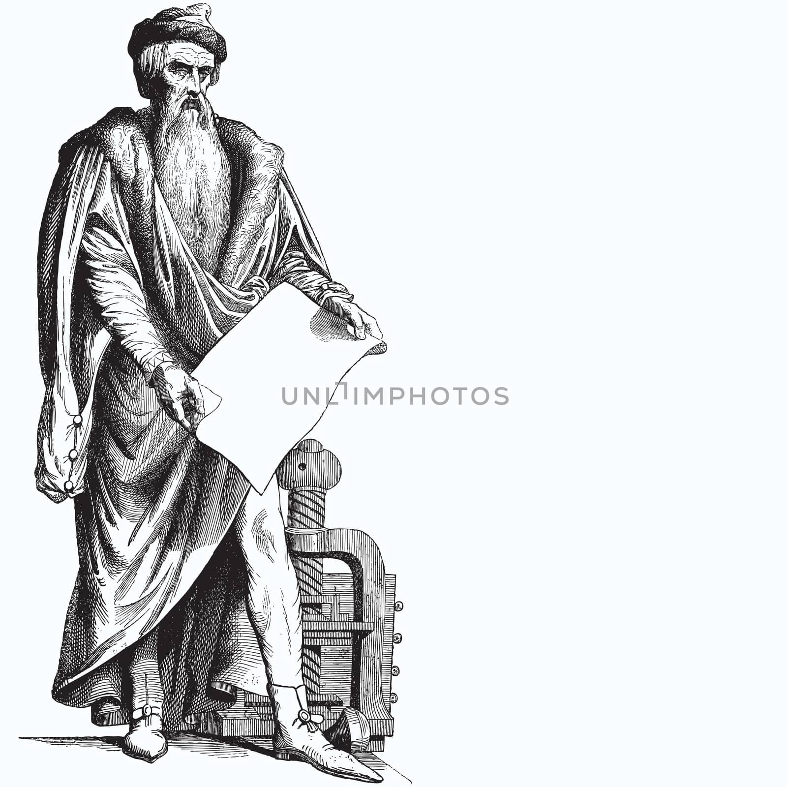 Ancient style engraving of an old man holding a print paper