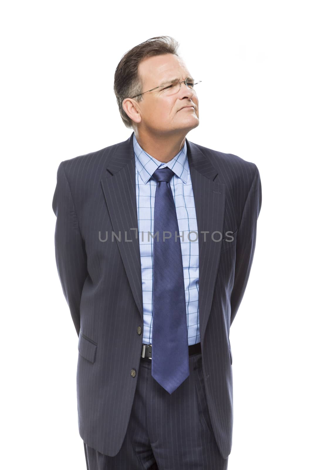 Handsome Businessman Looking Up and Over Isolated on a White Background.