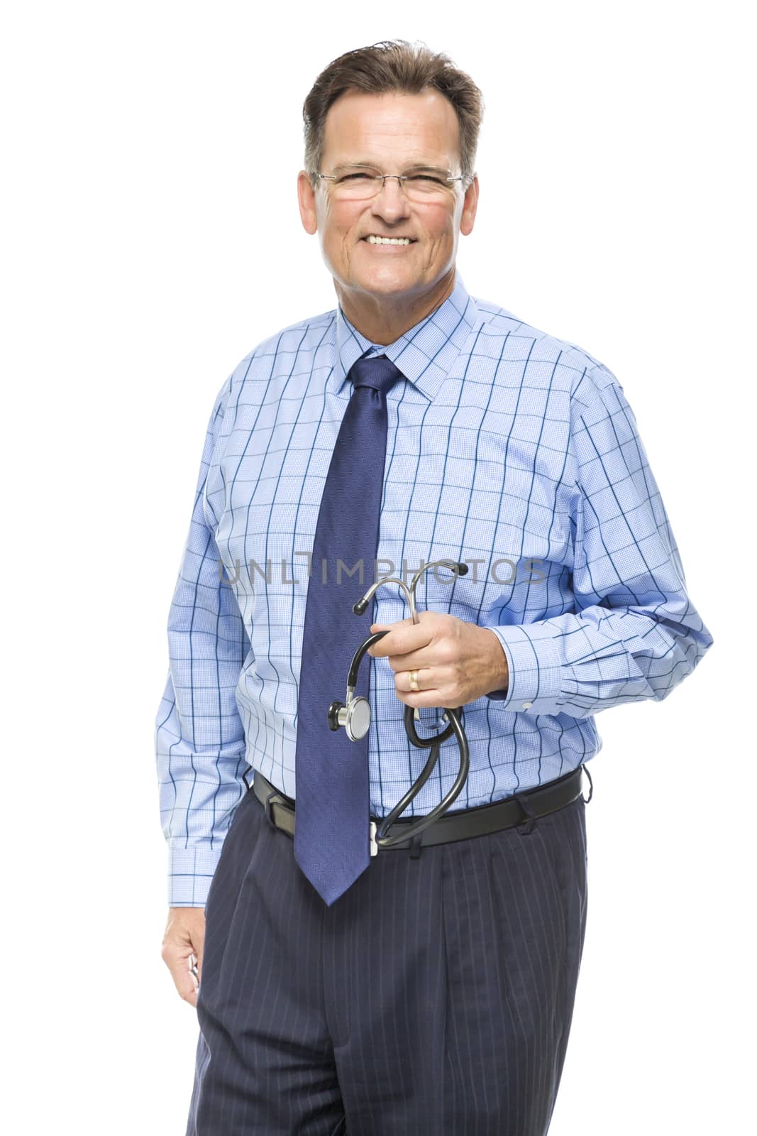 Handsome Smiling Male Doctor with Stethoscope Isolated on a White Background.