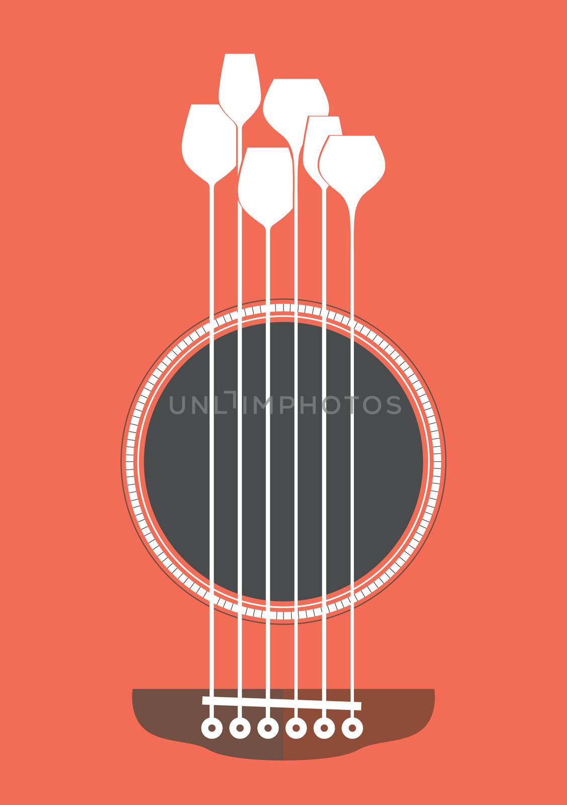 Conceptual creative illustration with acoustic guitar hole and wine glasses as the strings