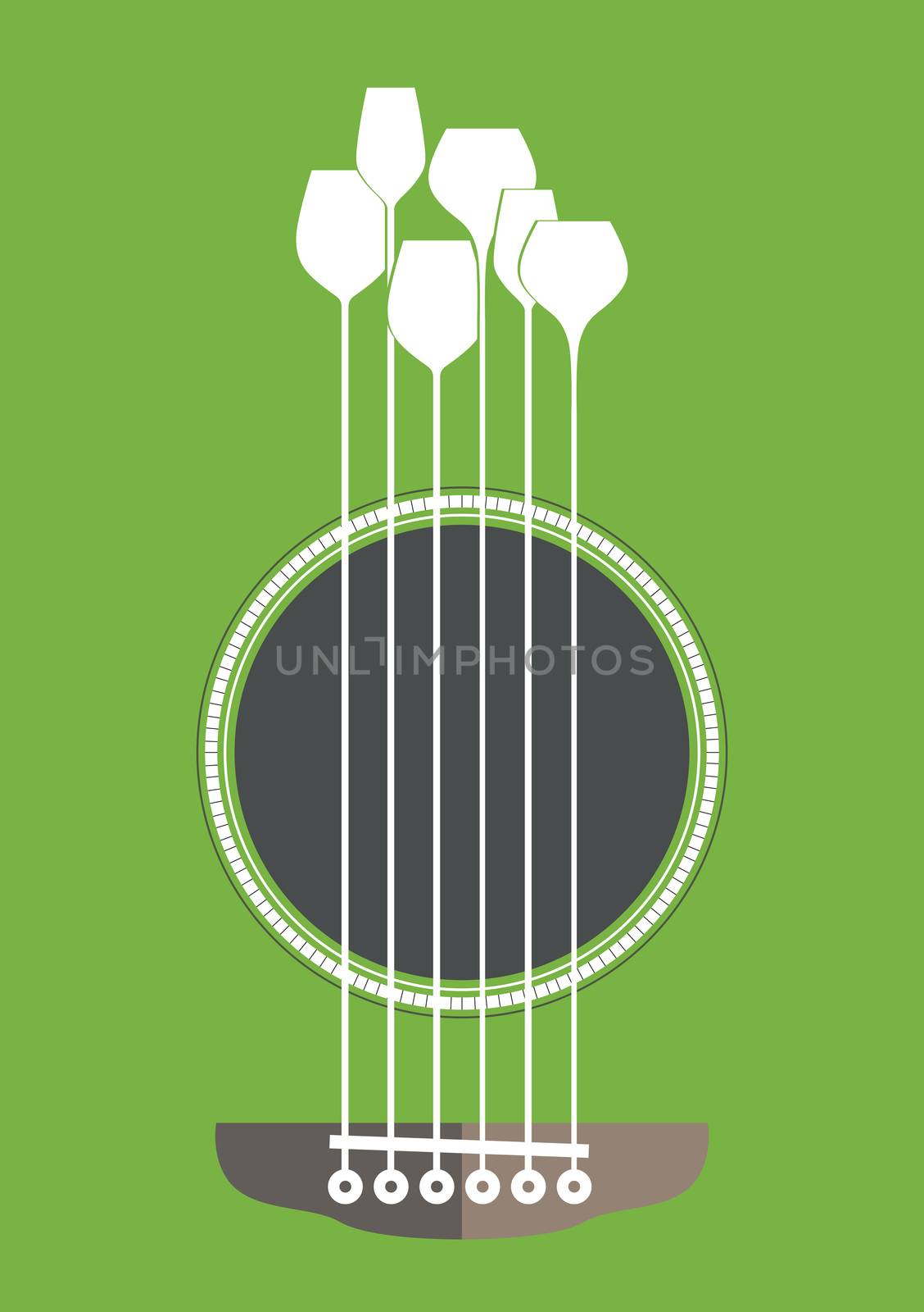 Conceptual creative illustration with acoustic guitar hole and wine glasses as the strings