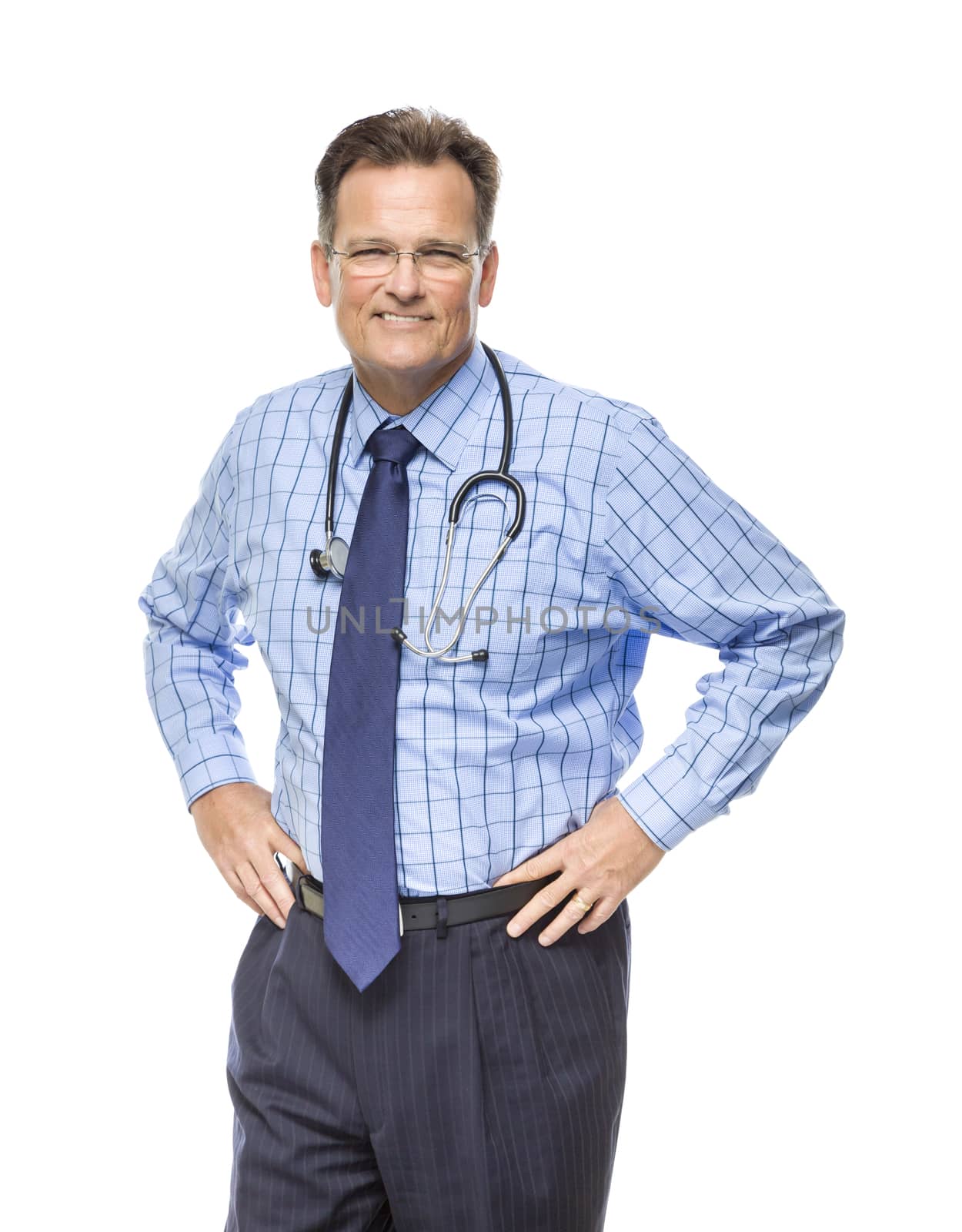 Handsome Smiling Male Doctor with Stethoscope Isolated on a White Background.