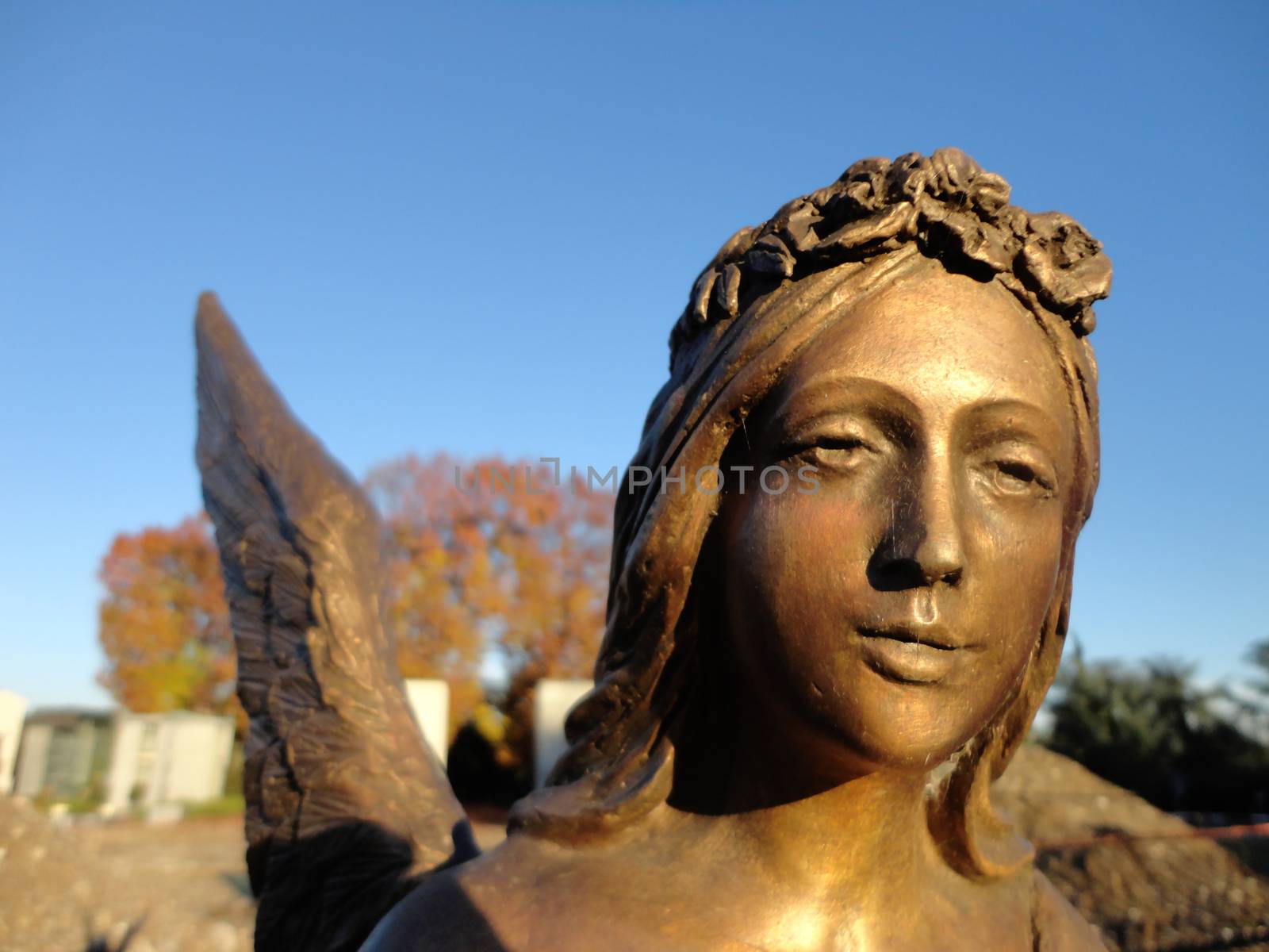 Detail of a golden sculpture of an angel: face foreground
