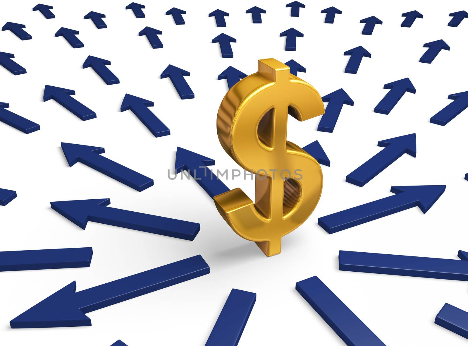 A bright, gold dollar sign stands in the center of a multitude of blue arrows radiating outward.  Isolated on white.
