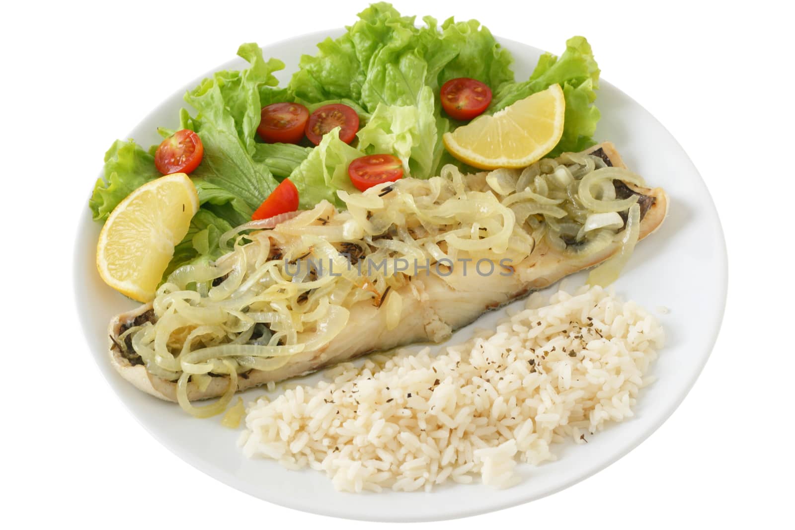 fried fish with salad and rice