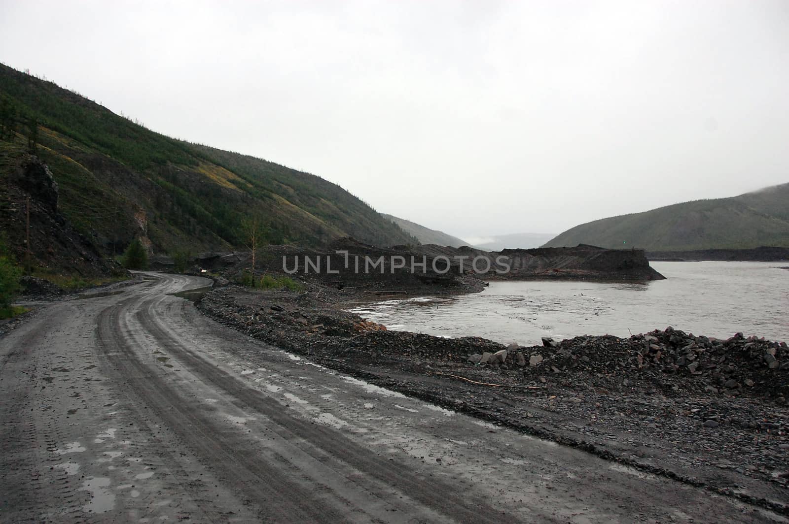 Gravel road Kolyma state highway at outback of Russia, Yakutia region