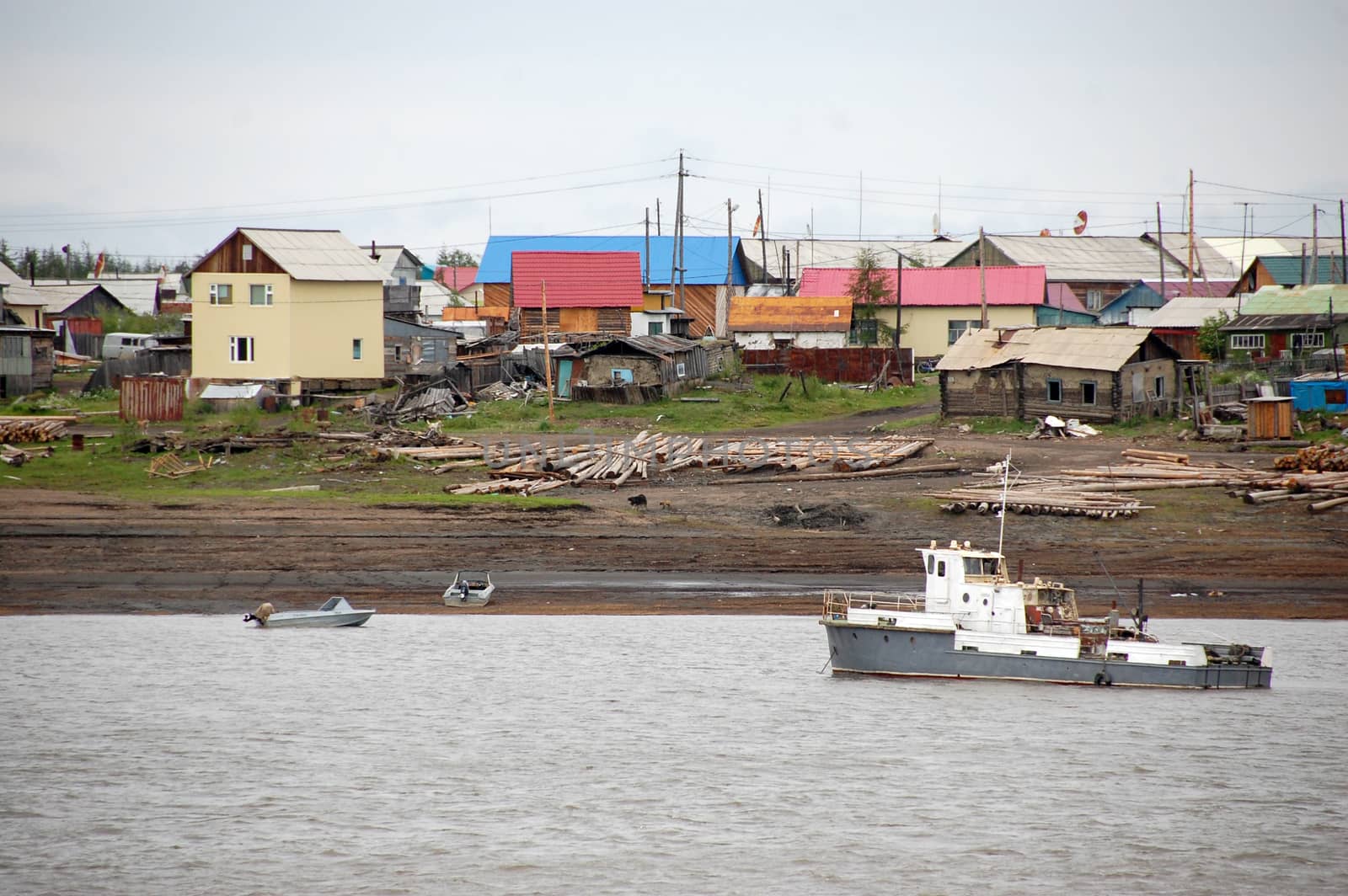 Village at Kolyma river coast outback Russia