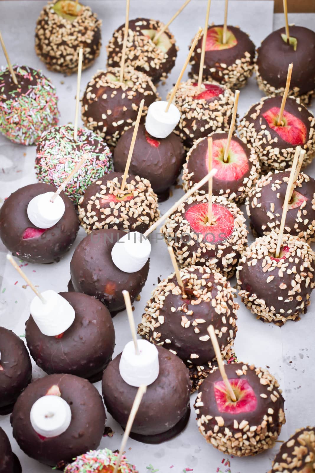 Apples covered in chocolate and decorations
