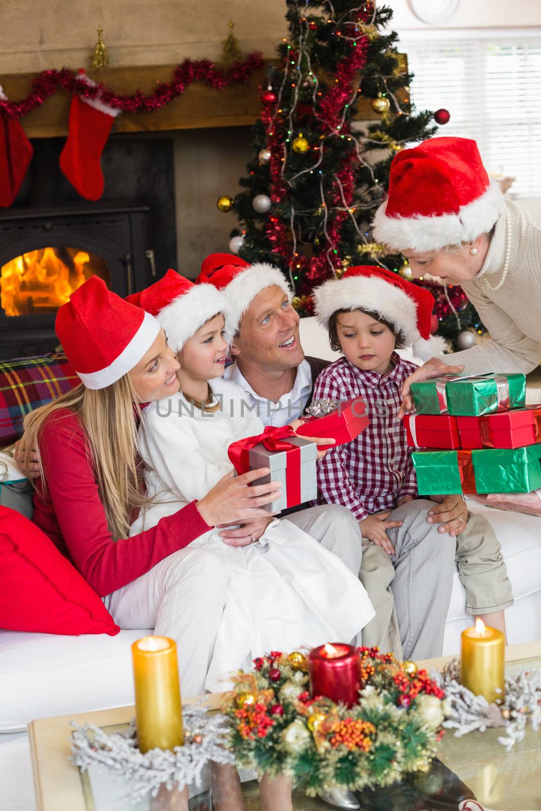 Family wearing christmas hat while holding presents at home in the living room