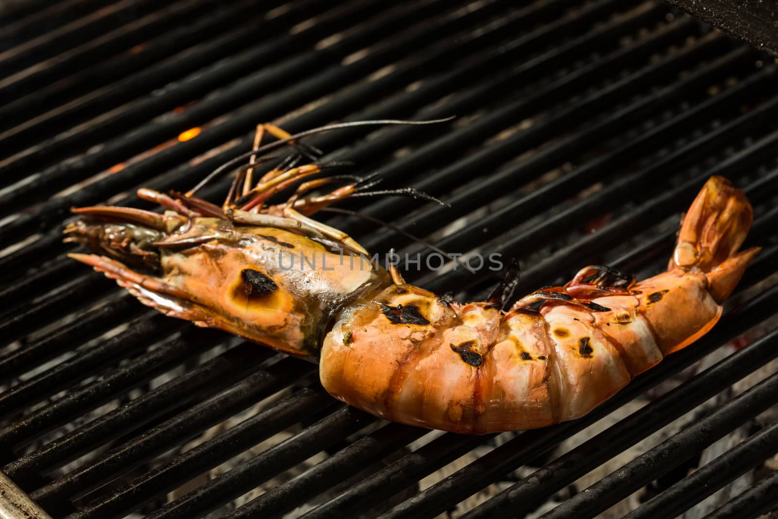 Grilled prawns on the grill. Shallow dof. 