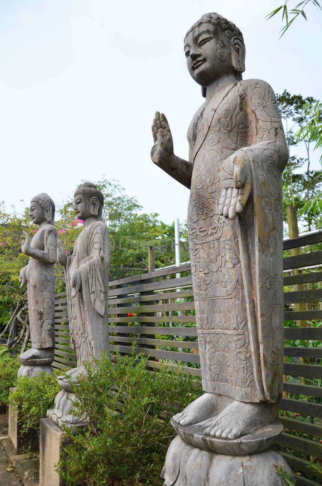 Buddha statues stand in the middle of a lush green garden