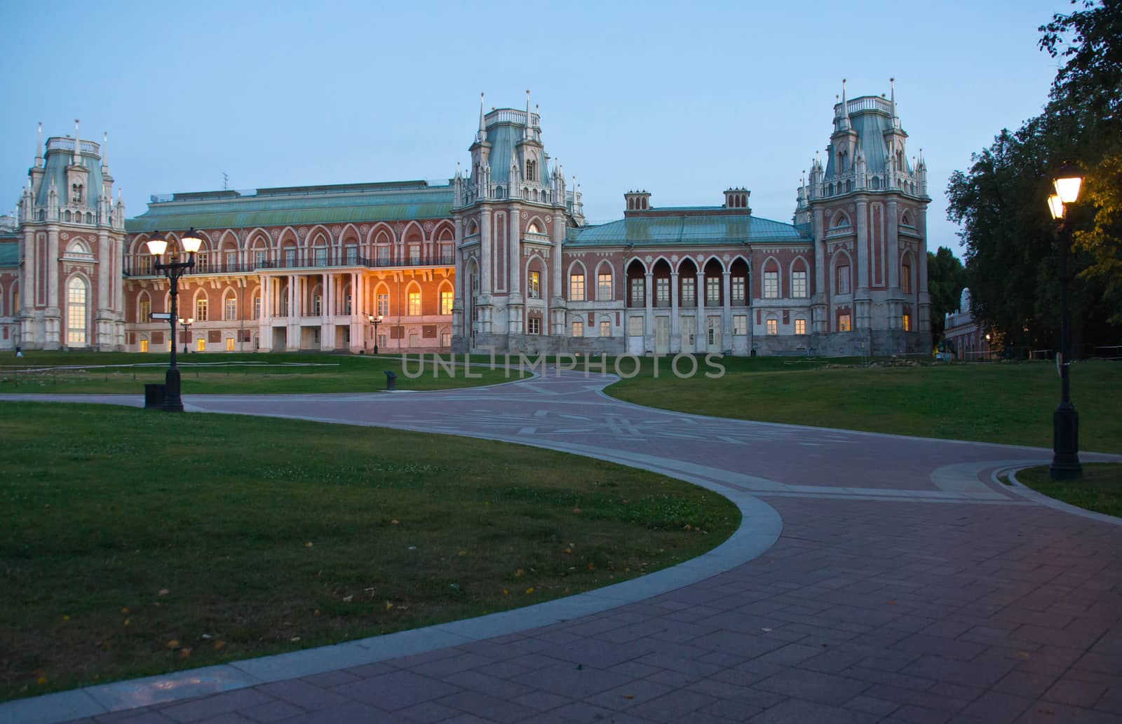 ancient palace and street lights in the evening Manor