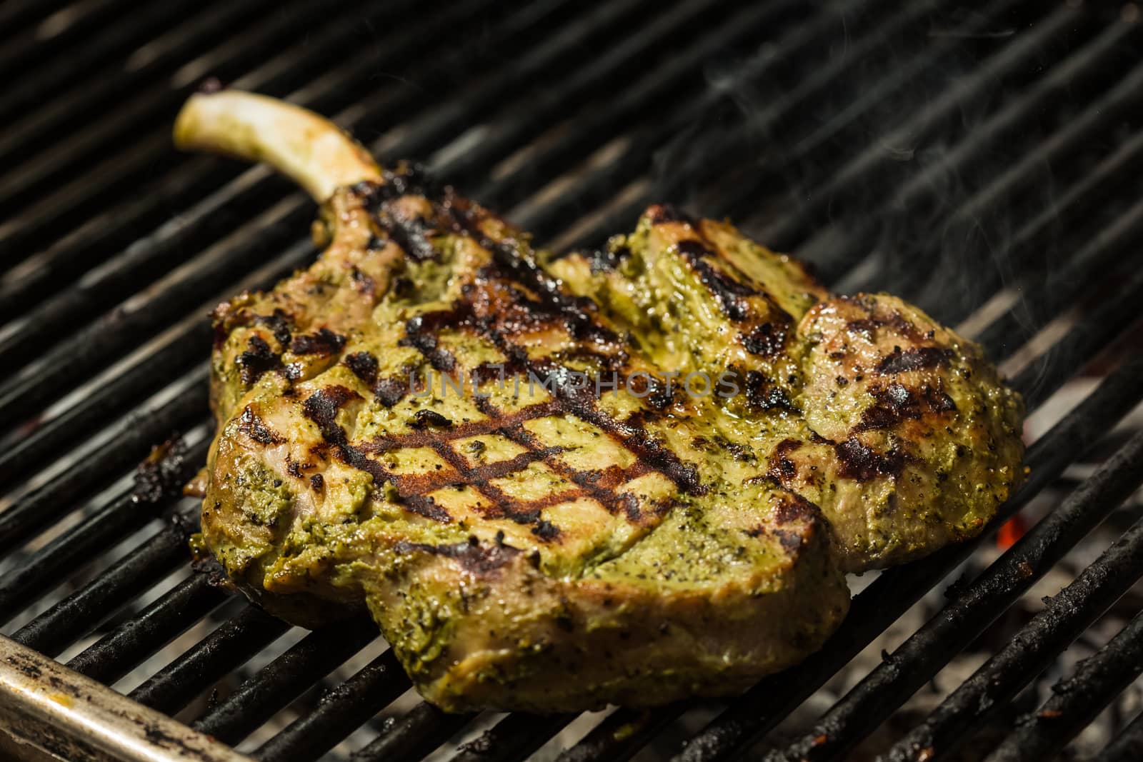 steak flame broiled on a barbecue with vegetables. shallow depth of field. 