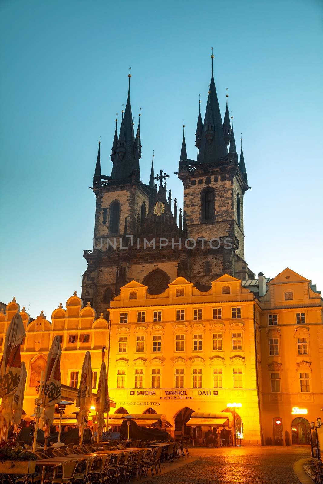 PRAGUE - OCTOBER 18: Church of Our Lady before Tyn at sunrise on October 18, 2014 in Prague, Czech Republic. It has been the main church of this part of the city since the 14th century.