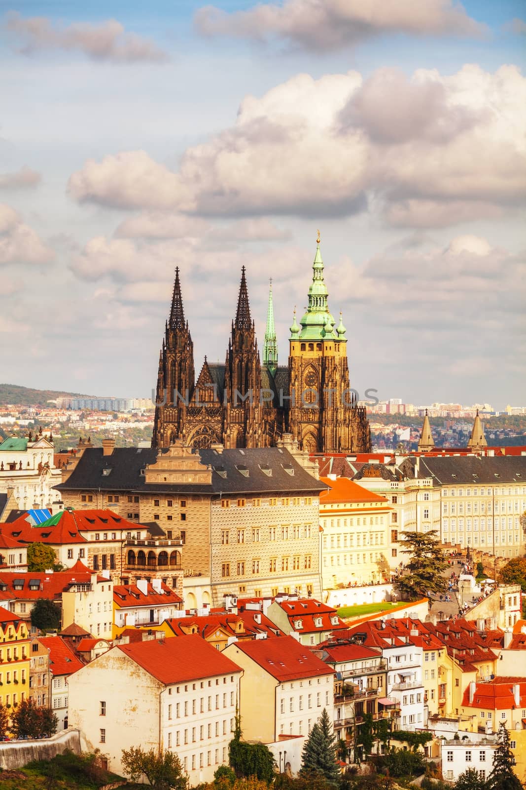 Aerial view of Prague with St Vitus Cathedral as seen from Petrin hill