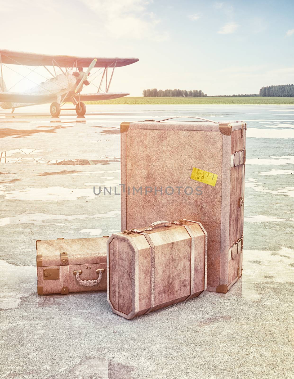 Vintage suitcases and retro airplane on runway. 3d concept