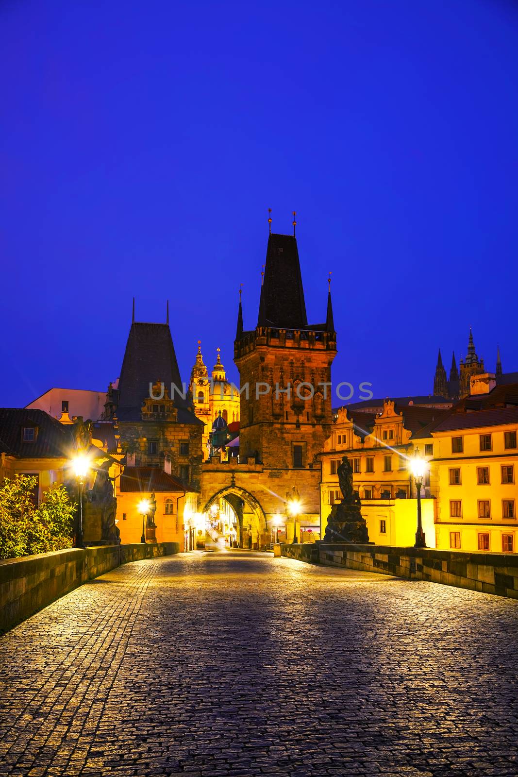 The Old Town with Charles bridge in Prague after sunset