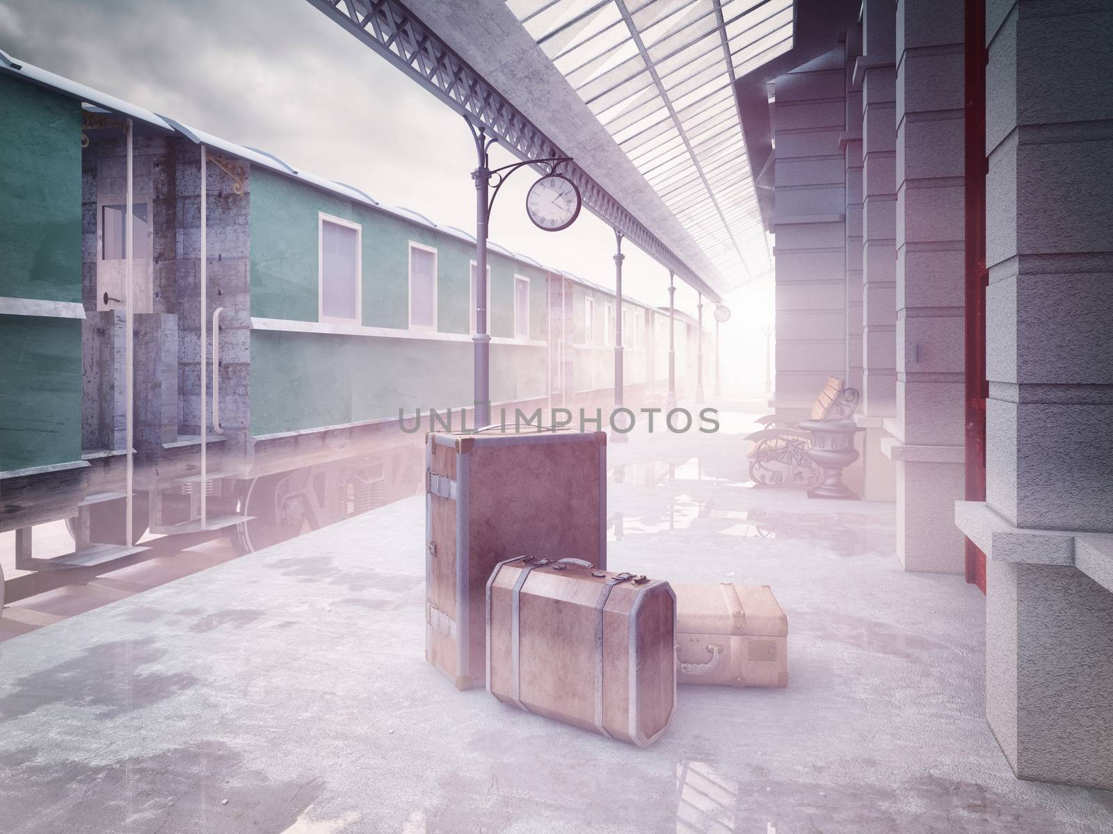 fog on the retro railway  train station .3D concept