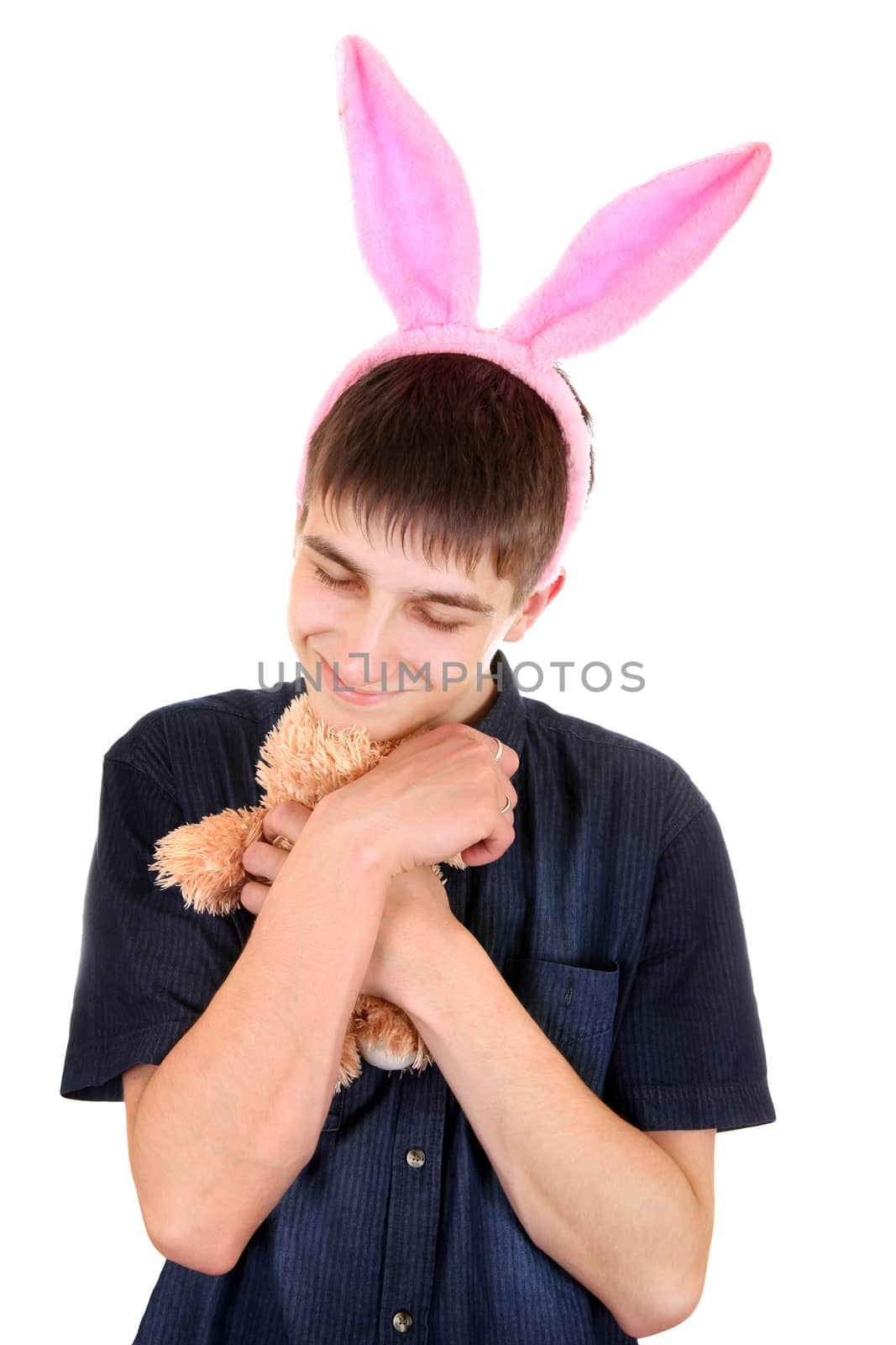 Teenager with Bunny Ears and Teddy Bear Isolated on the White Background