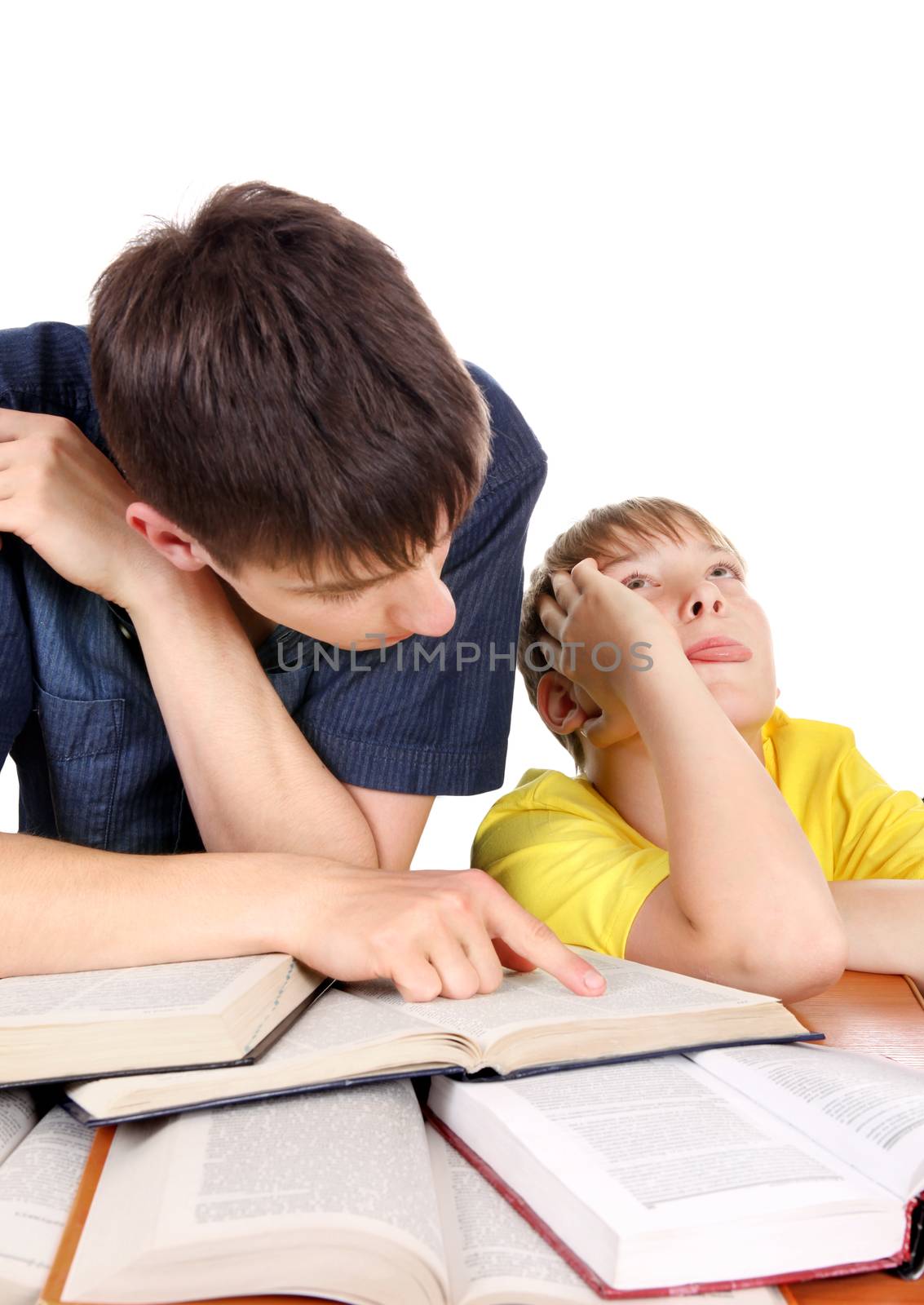 Older Brother and Annoyed Kid on the School Desk on the white background