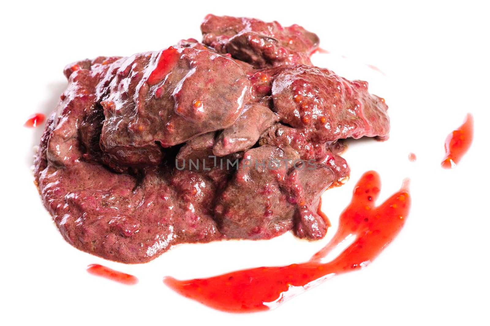 Prepared chicken liver in raspberry sauce, on white background